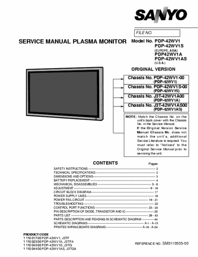 Sanyo PDP-42WV1 (S), PDP-42WV1A (S) Service Manual Plasma Monitor Original Version - Chassis PDP-42WV1-00 (S-00), J3T-42WV1A00 (S00) - (5.612Kb) 3 Part File - pag. 43